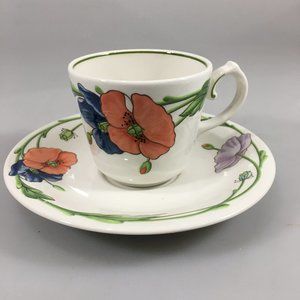 Villeroy & Boch Amapola Porcelain Cup Saucer Set 10 oz Blue Orange Poppy Vintage
